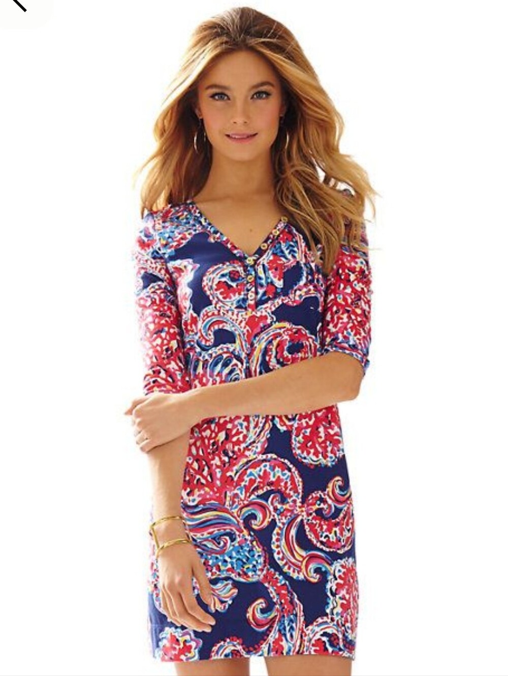 Vintage Lilly Pulitzer Printed Henley Mini Short Dress 3/4 Sleeve V-Neck Buttons